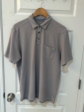 Tommy Bahama IslandZone Pima Cotton Polo Shirt Men Medium M Gray Stripe Golf